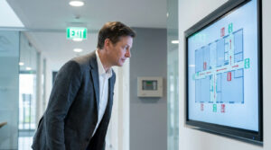 Un homme en costume examine un plan d'évacuation numérique sur un écran dans un couloir d'entreprise moderne.