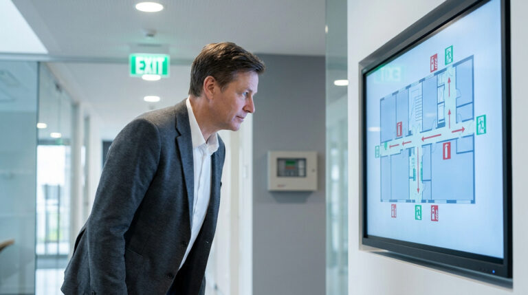 Un homme en costume examine un plan d'évacuation numérique sur un écran dans un couloir d'entreprise moderne.