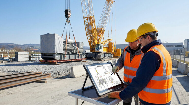 Deux ouvriers en équipement de sécurité consultent un plan de levage sur une tablette tactile devant une grue.