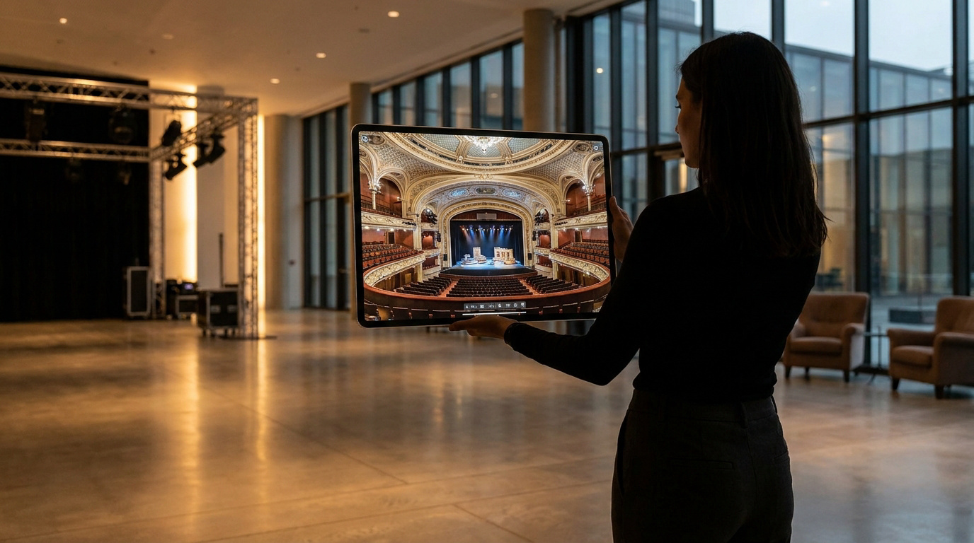 Une personne tenant une tablette affichant une visite virtuelle 360° d'un théâtre dans un grand hall moderne.