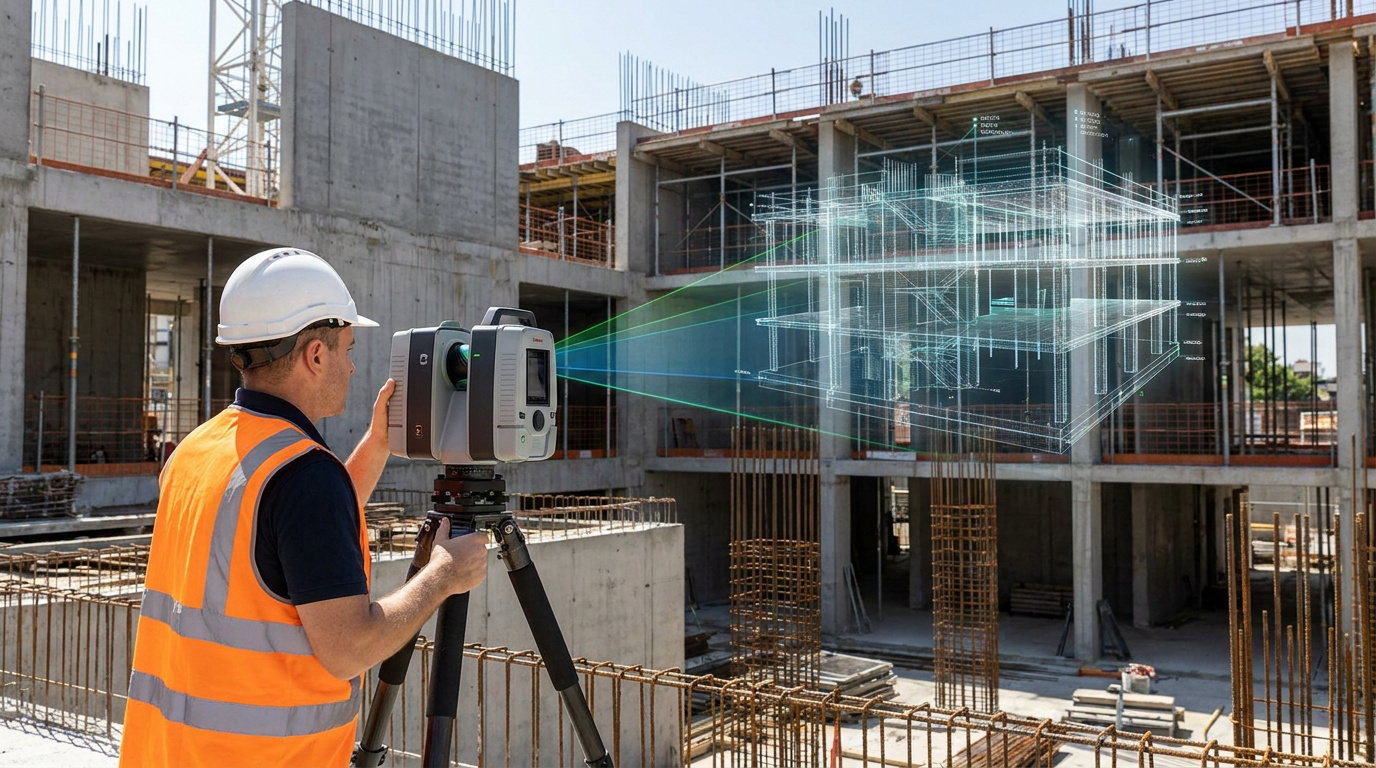 Un ingénieur utilise un scanner laser 3D sur un chantier pour créer un modèle numérique du bâtiment en construction.