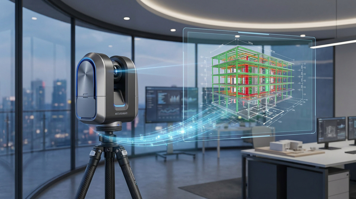 Scanner laser 3D sur trépied projetant une maquette numérique holographique d'un bâtiment en structure métallique.