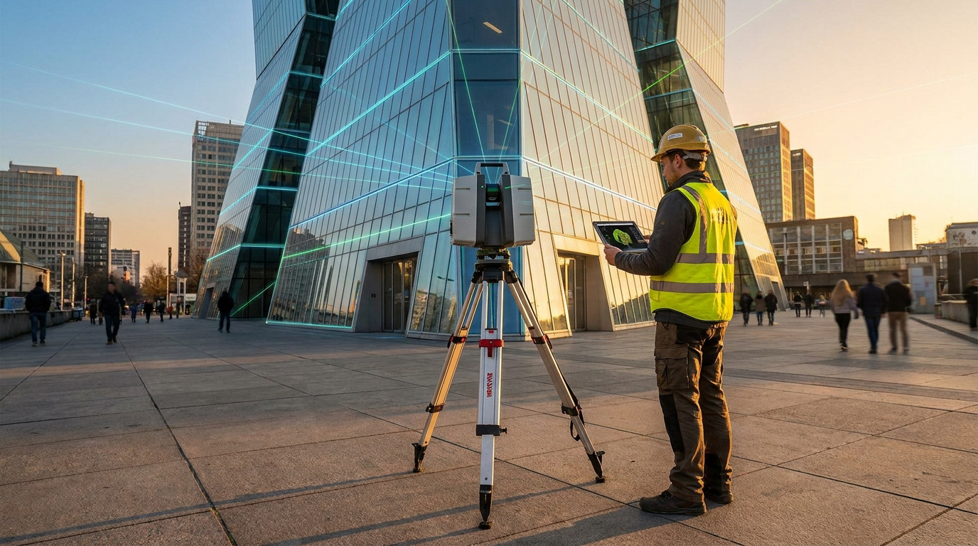 Géomètre utilisant un scanner laser 3D sur trépied pour numériser la façade d'un immeuble moderne.