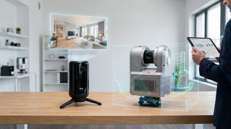 Un utilisateur compare un scanner Matterport et un Leica BLK360 sur une table avec des visualisations holographiques.
