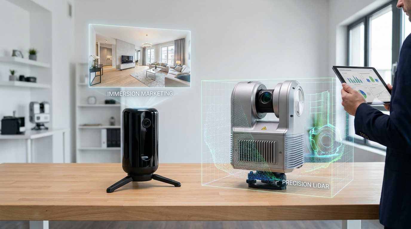 Un utilisateur compare un scanner Matterport et un Leica BLK360 sur une table avec des visualisations holographiques.