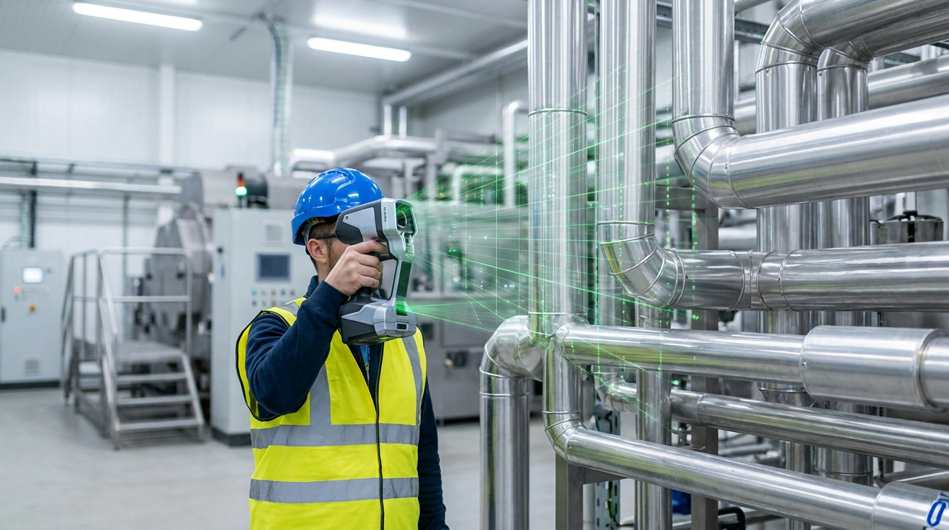Un technicien utilisant un scanner 3D portatif sur des tuyaux en métal dans une usine.