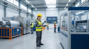 Technicienne avec un sonomètre dans une usine moderne auprès de ses collègues.
