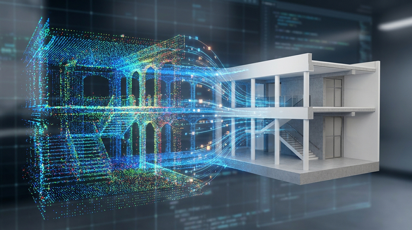 Représentation numérique d'un nuage de points converti en maquette 3D architecturale précise.