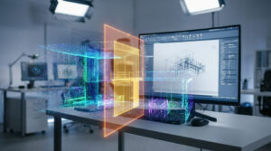 Visualisation d'un nuage de points 3D coloré sortant d'un écran d'ordinateur exécutant le logiciel Vectorworks.