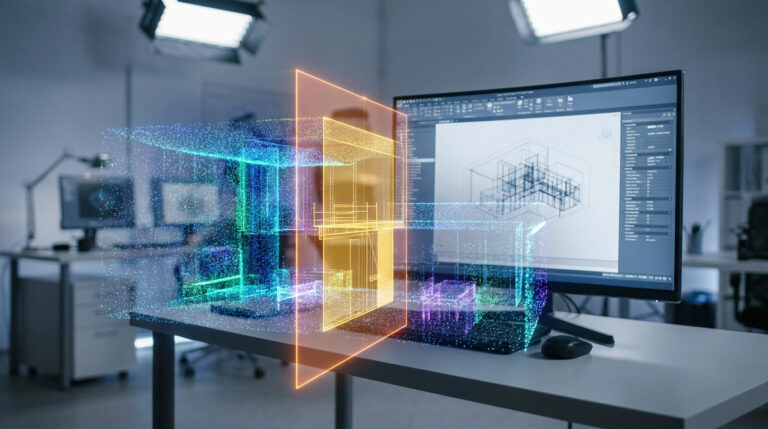 Visualisation d'un nuage de points 3D coloré sortant d'un écran d'ordinateur exécutant le logiciel Vectorworks.