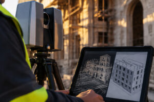 Un géomètre utilisant un scanner laser 3D et une tablette affichant un modèle BIM devant un bâtiment en rénovation.
