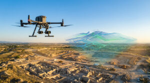 Un drone survole un site archéologique en générant un nuage de points 3D numérique au-dessus des ruines.