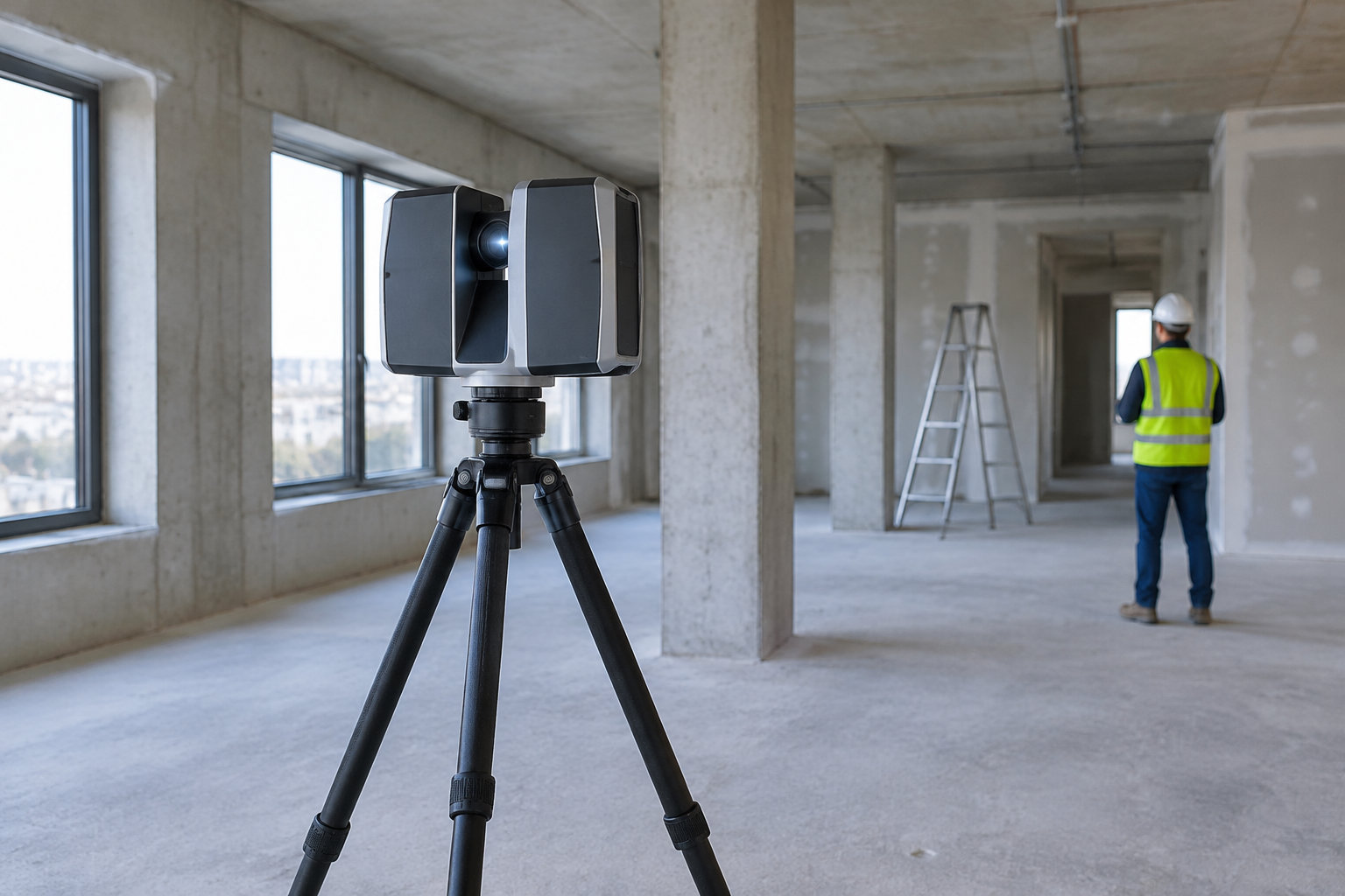 Un appareil de mesure monté sur un trépied se trouve dans un bâtiment en construction, tandis qu’un ouvrier en gilet fluorescent se tient près d’une échelle.